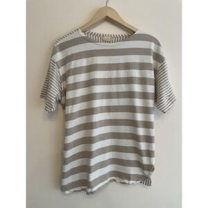 Vintage Mexx Striped T-shirt Women Small Tan White Cotton Side Slit 1990s